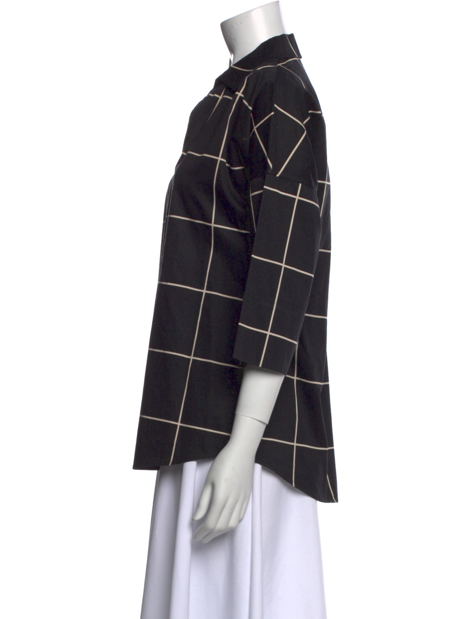 Akris Punto Plaid Print Three-Quarter Sleeve Button-Up Top