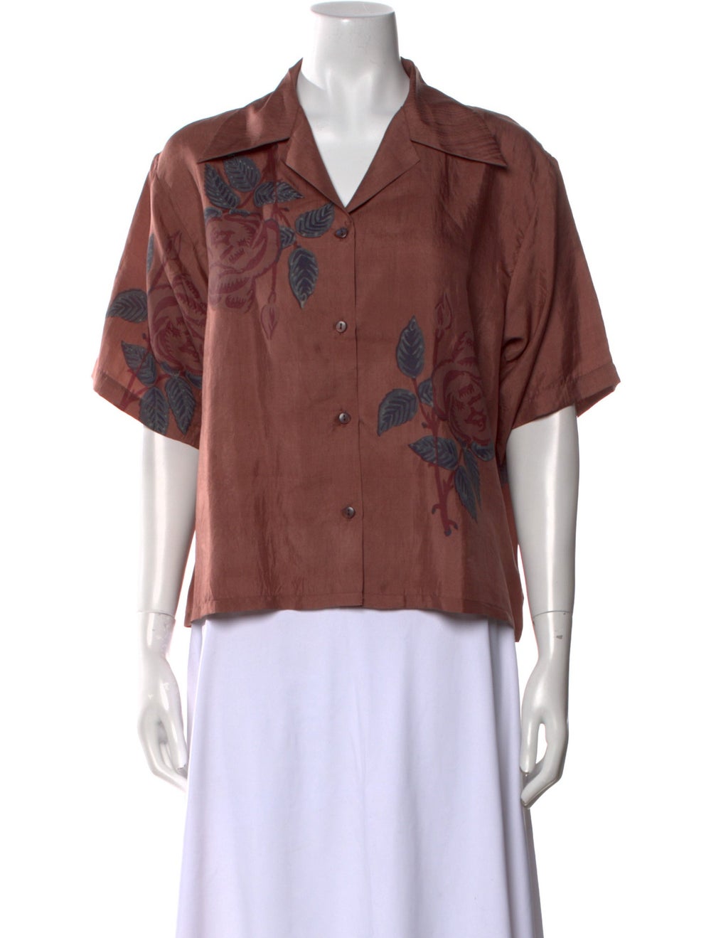 Alix of Bohemia Silk Button-Up Top Brown Printed … - image 1