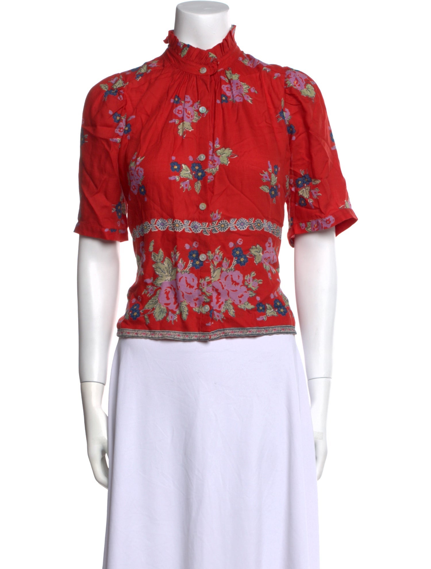 Alix of Bohemia Floral Print Mock Neck Button-Up Top