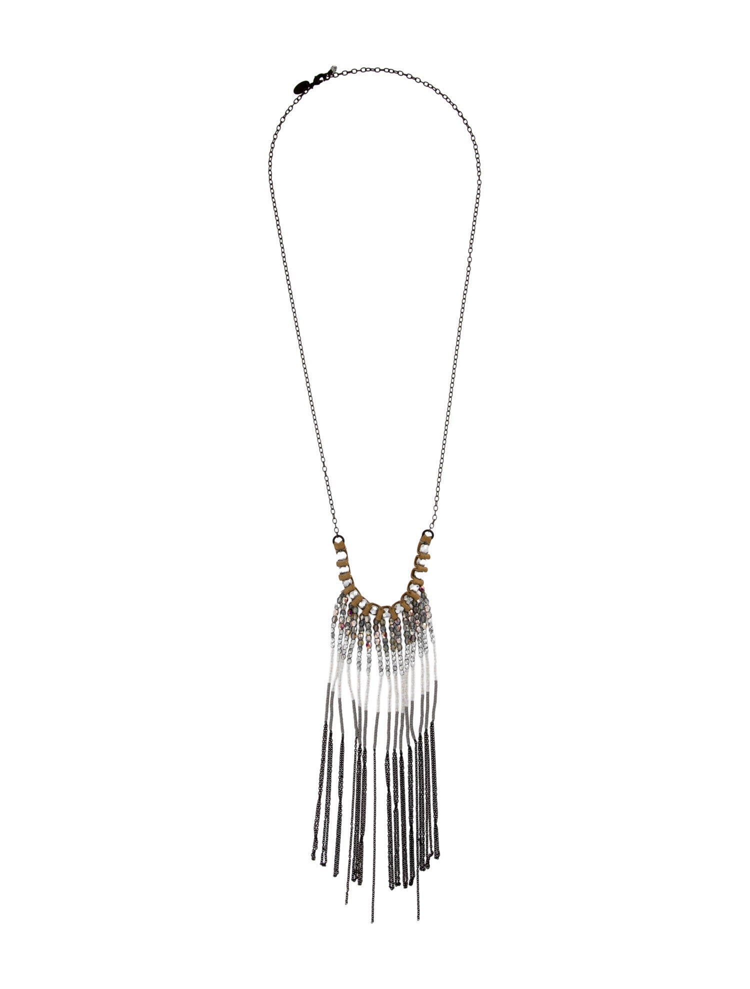 Annie Costello Brown Leather & Bead Fringe Lavalier Necklace