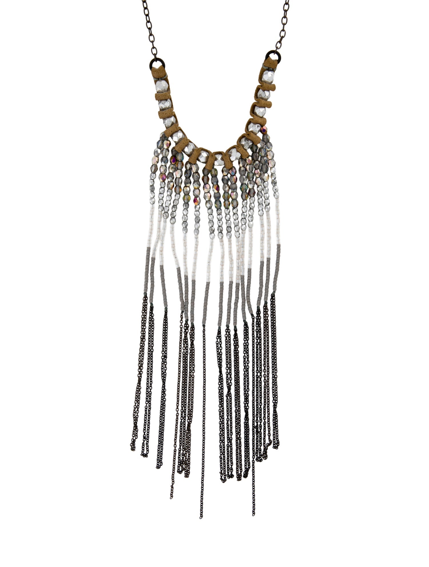 Annie Costello Brown Leather & Bead Fringe Lavalier Necklace