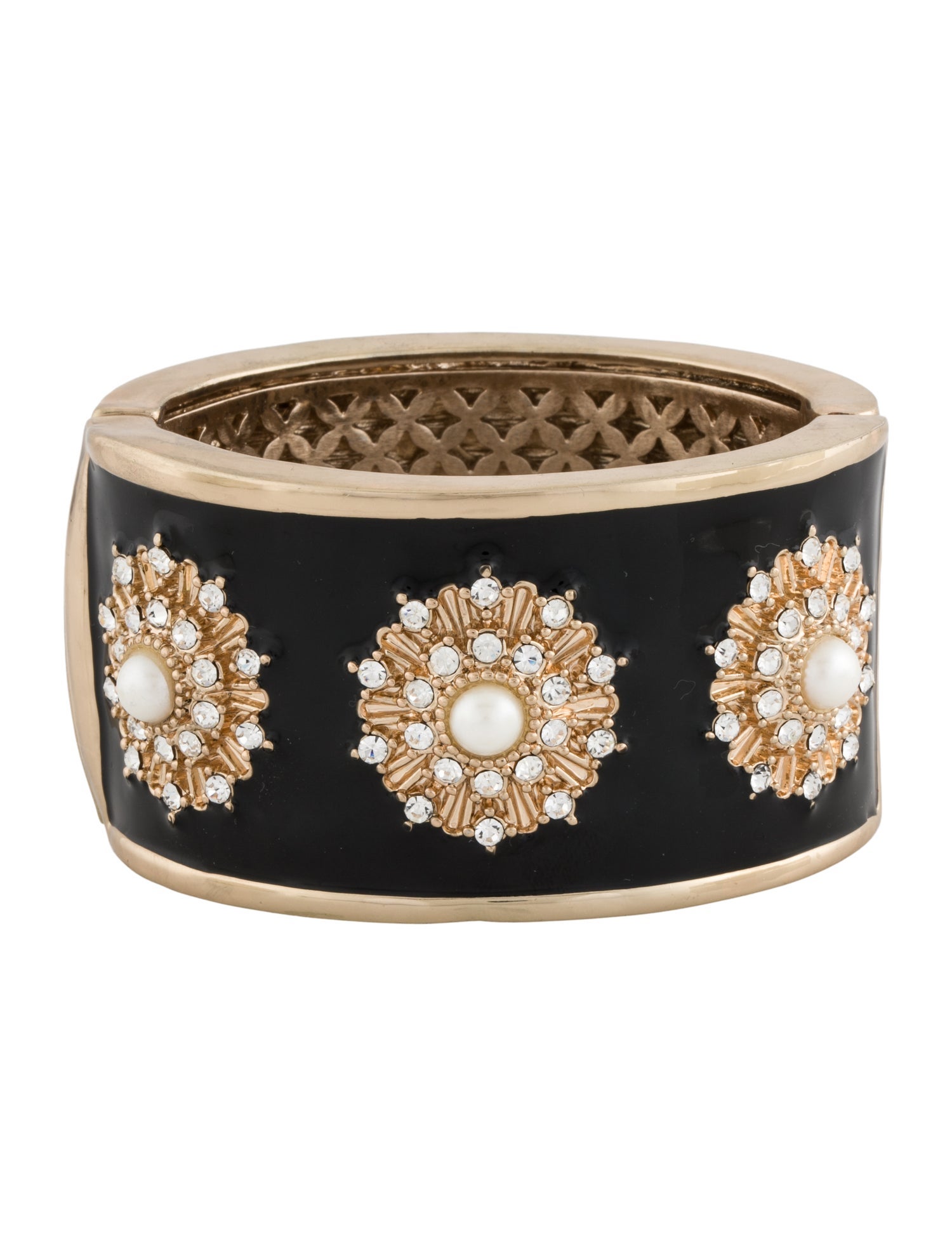 Angélique de Paris Enamel, Faux Pearl & Crystal Hinged Bangle Bracelet