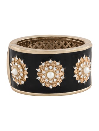 Angélique de Paris Enamel, Faux Pearl & Crystal Hinged Bangle Bracelet