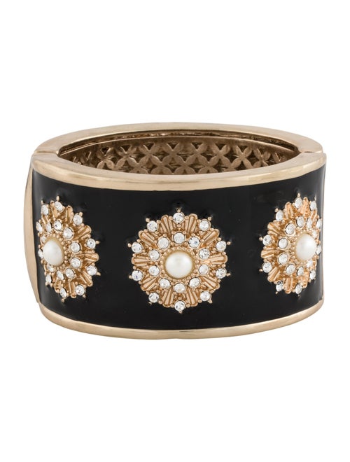 Angélique de Paris Enamel, Faux Pearl & Crystal Hinged Bangle Bracelet