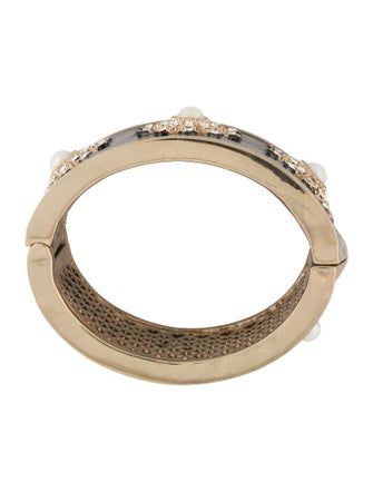 Angélique de Paris Enamel, Faux Pearl & Crystal Hinged Bangle Bracelet