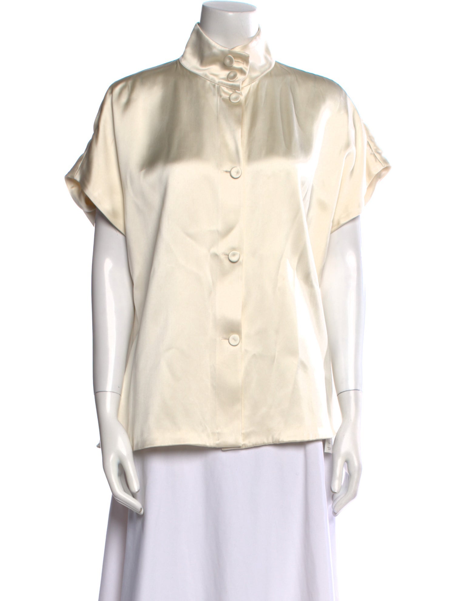 Another Tomorrow Mock Neck Short Sleeve Button-Up Top