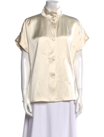 Another Tomorrow Mock Neck Short Sleeve Button-Up Top