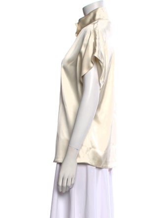 Another Tomorrow Mock Neck Short Sleeve Button-Up Top