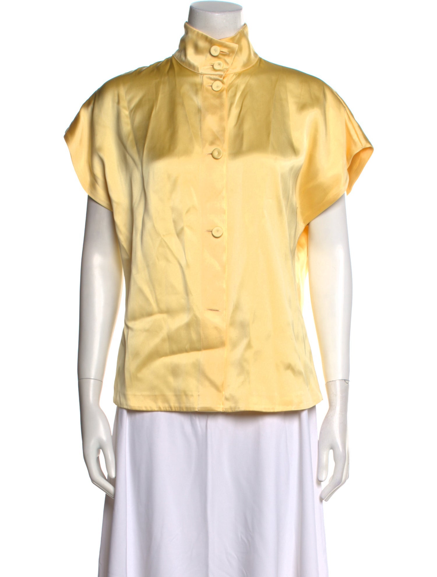 Another Tomorrow Mock Neck Short Sleeve Button-Up Top