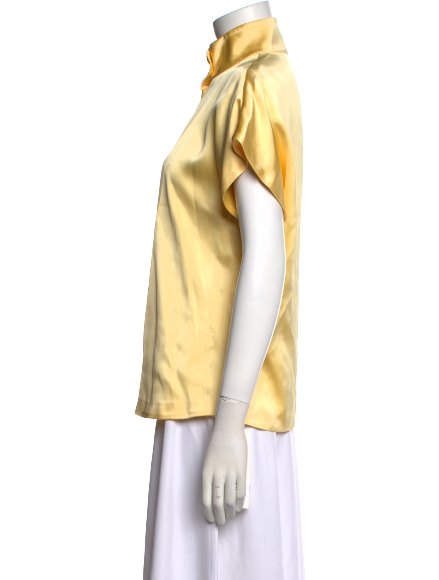 Another Tomorrow Mock Neck Short Sleeve Button-Up Top