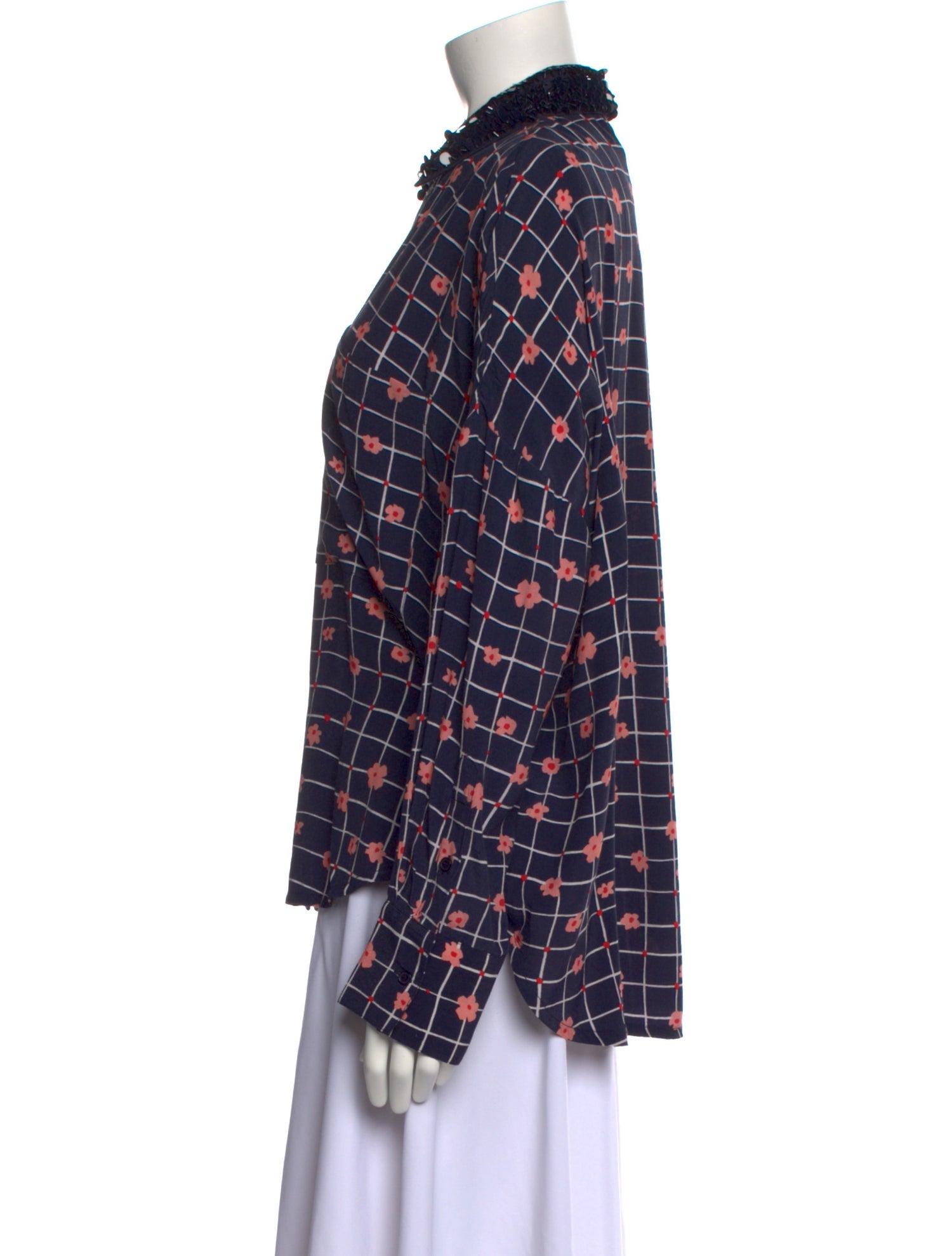 Essentiel Antwerp Plaid Print Mock Neck Button-Up Top