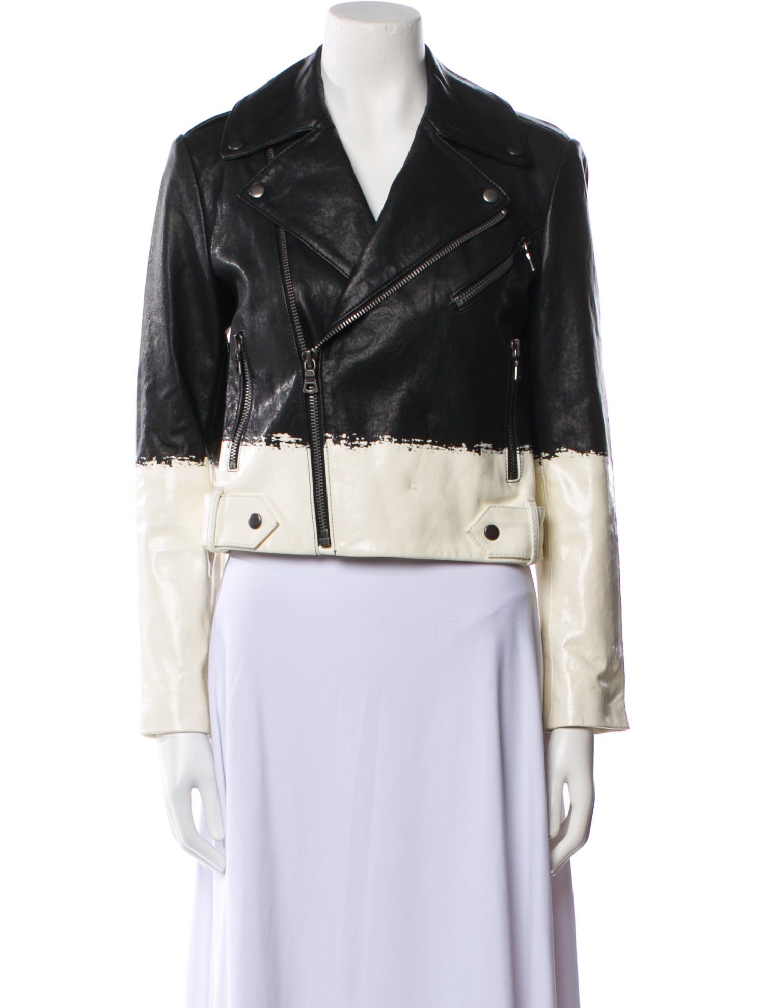 Alice + Olivia Leather Colorblock Pattern Biker Jacket