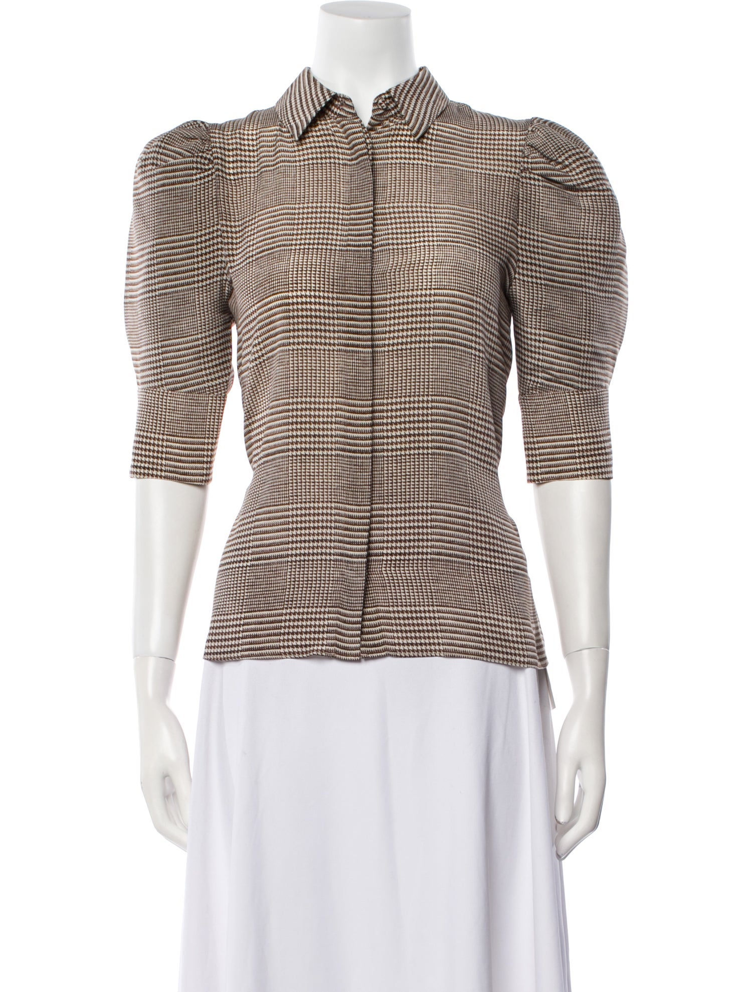 Alice + Olivia Silk Houndstooth Print Button-Up Top