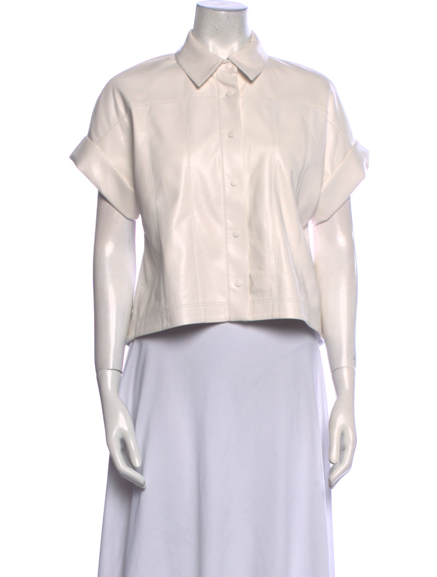 Alice + Olivia Faux Leather Short Sleeve Button-Up Top