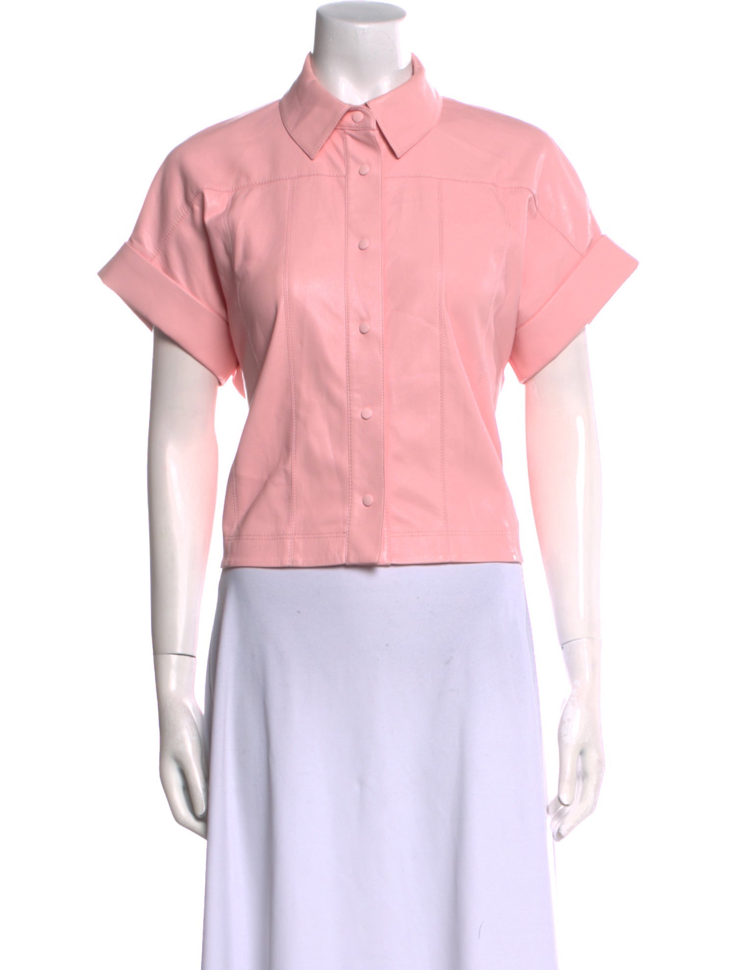 Alice + Olivia Faux Leather Short Sleeve Button-Up Top