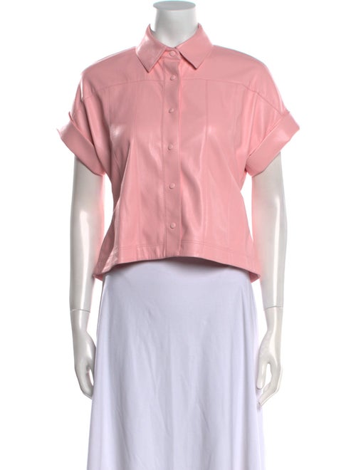 Alice + Olivia Faux Leather Short Sleeve Button-Up Top