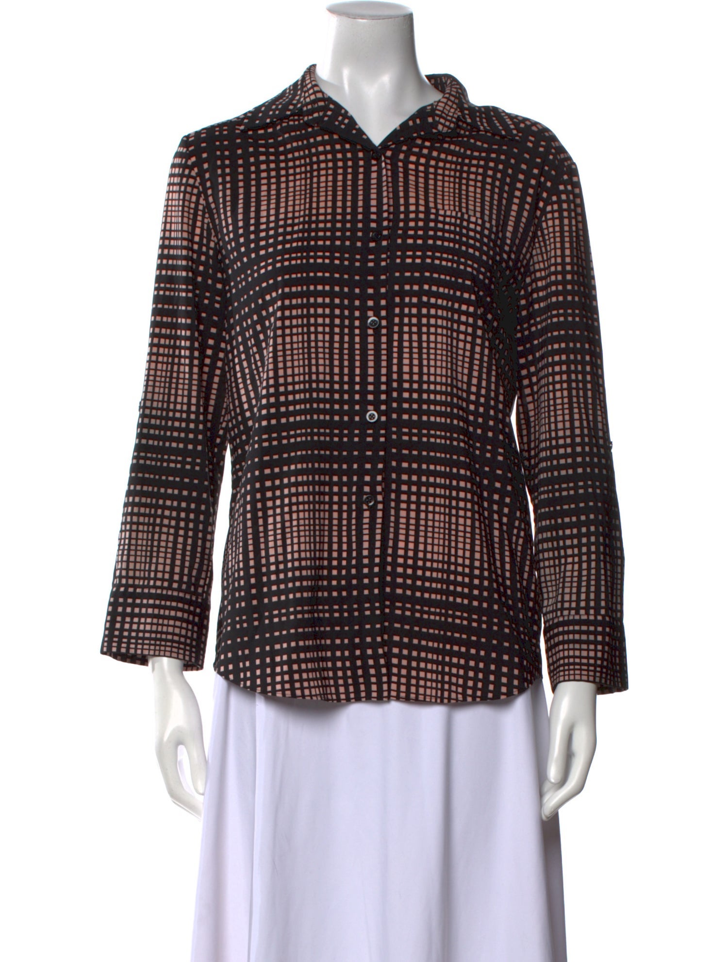Alice + Olivia Plaid Print Three-Quarter Sleeve Button-Up Top