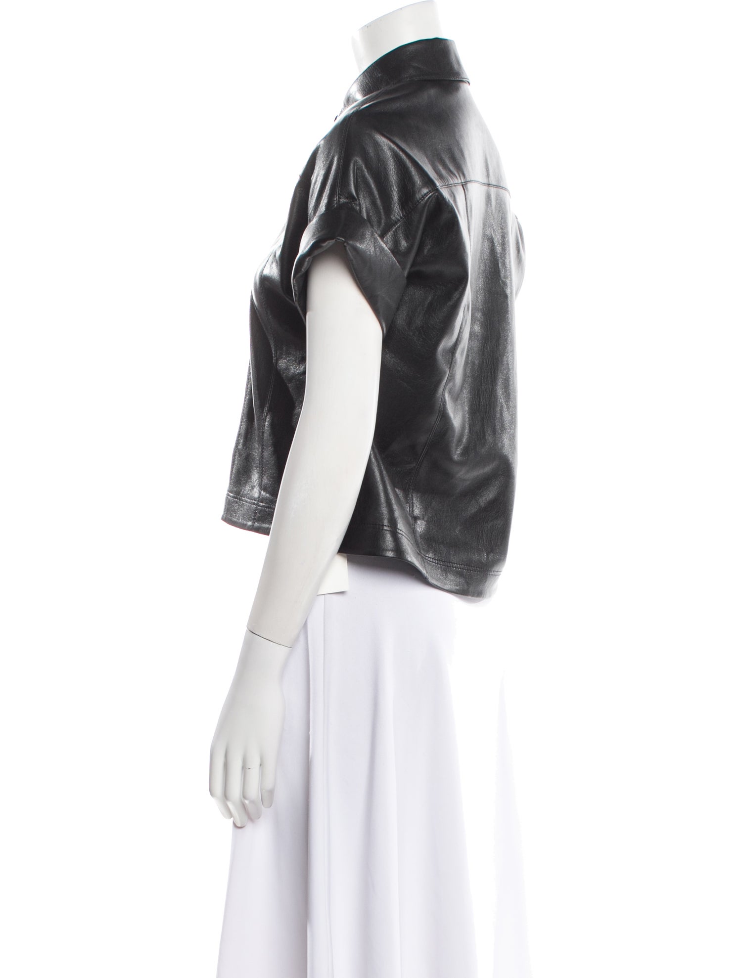 Alice + Olivia Faux Leather Short Sleeve Button-Up Top