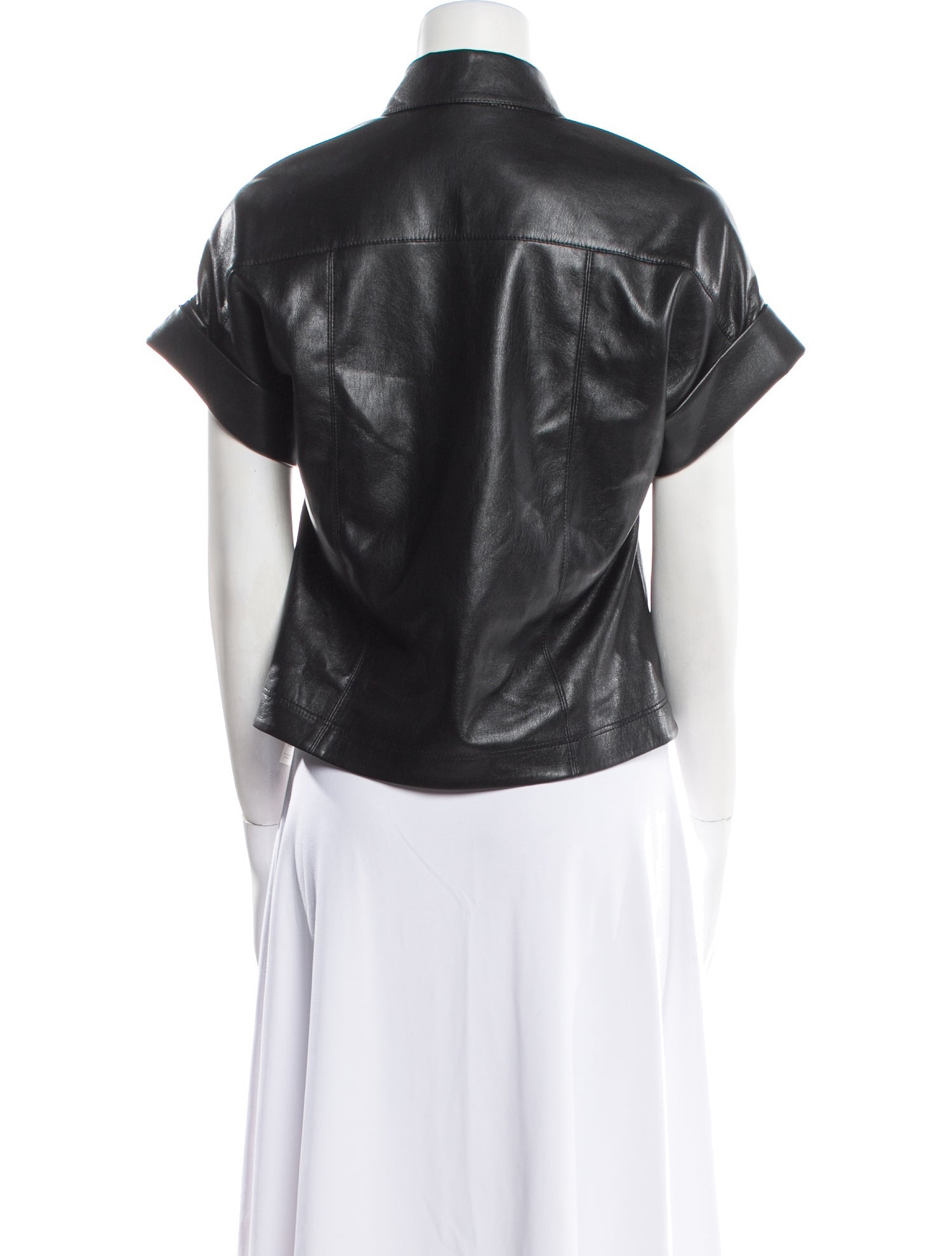Alice + Olivia Faux Leather Short Sleeve Button-Up Top