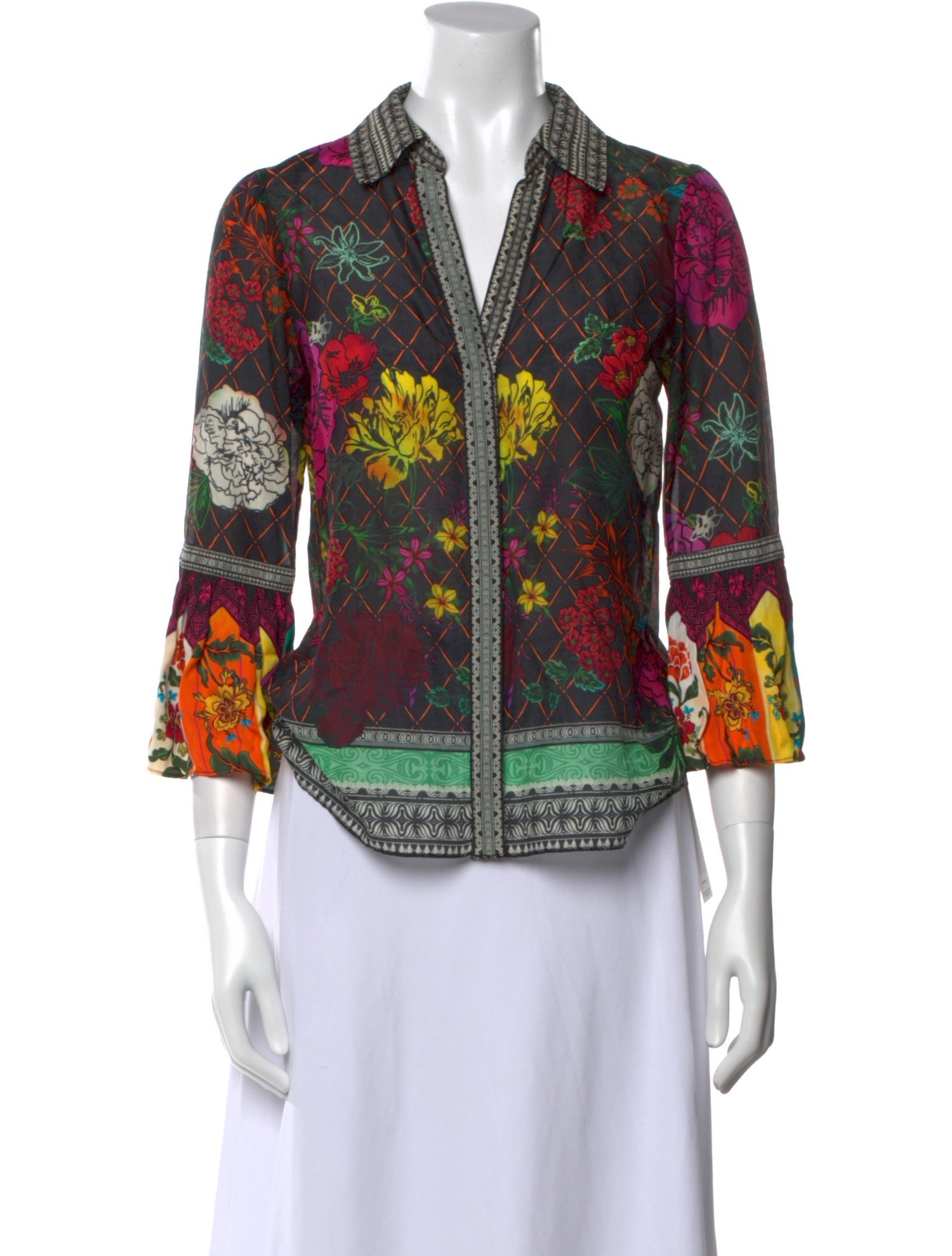 Alice + Olivia Printed Three-Quarter Sleeve Button-Up Top