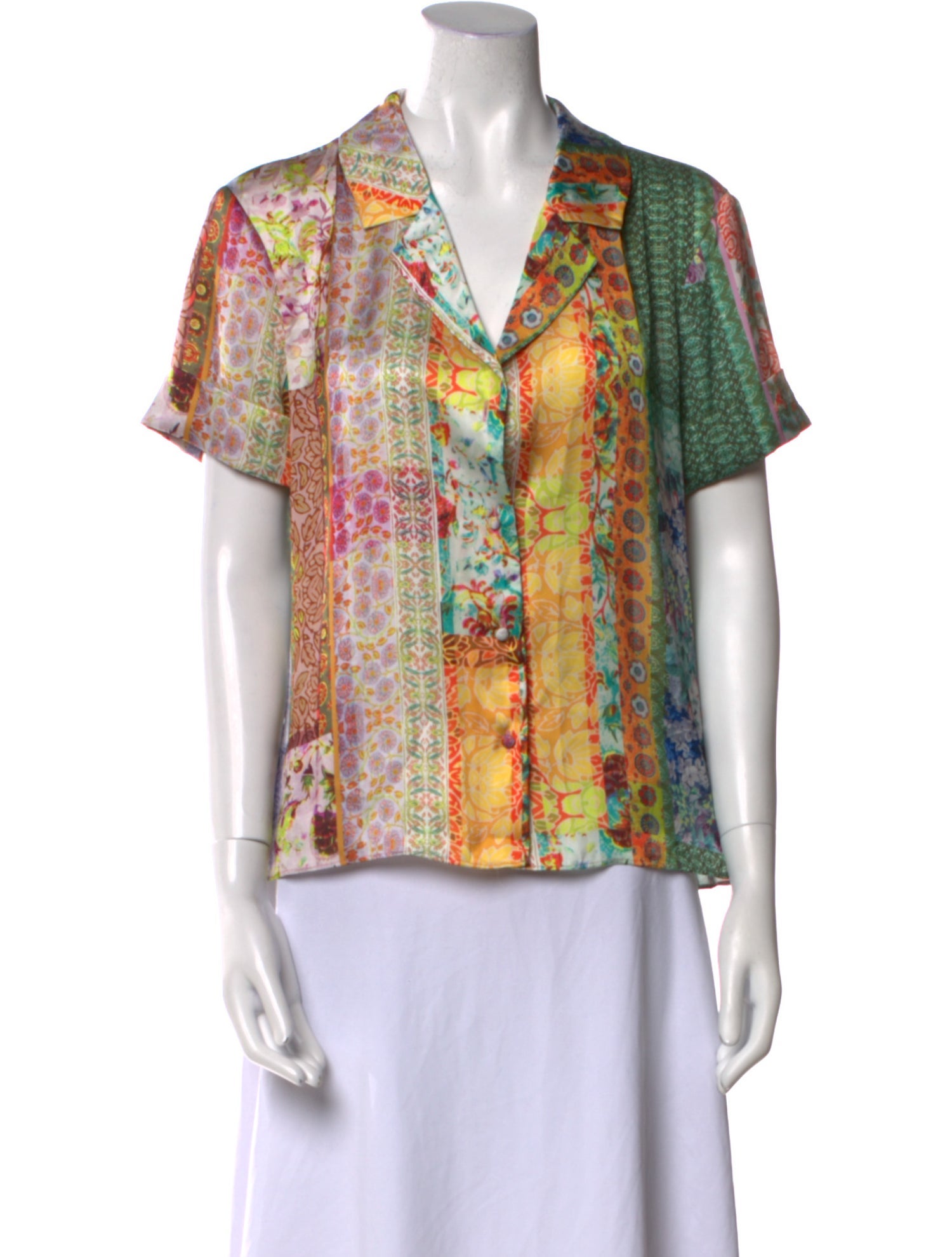 Alice + Olivia Printed V-Neck Button-Up Top