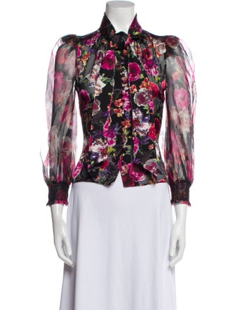 Alice + Olivia Floral Print Three-Quarter Sleeve Button-Up Top