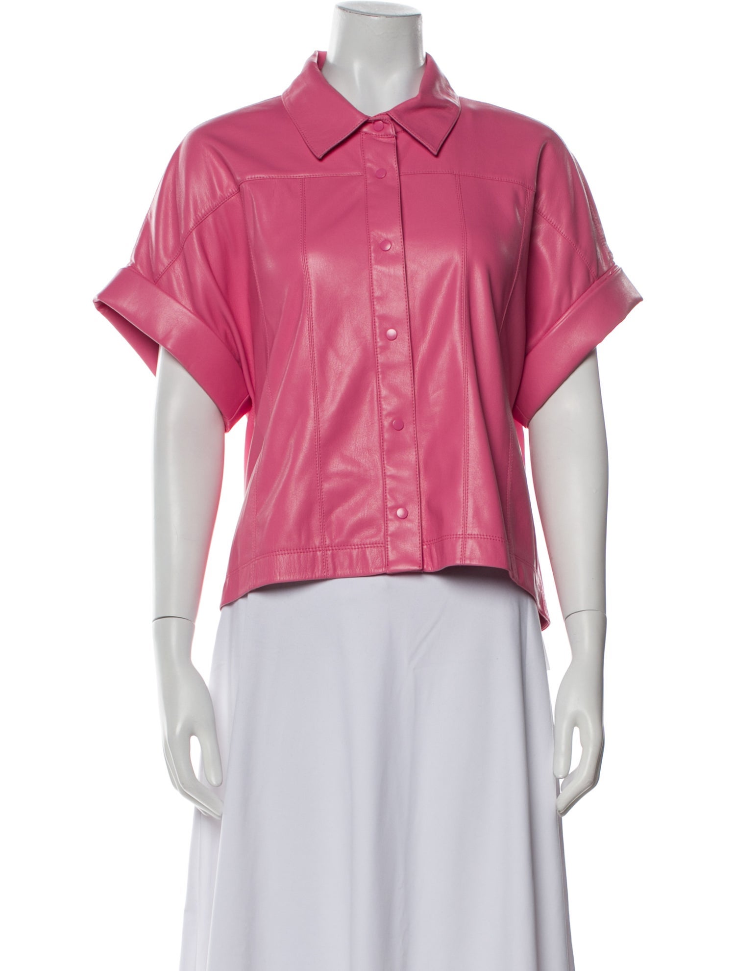 Alice + Olivia Faux Leather Short Sleeve Button-Up Top