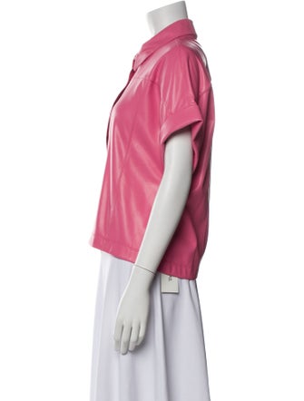 Alice + Olivia Faux Leather Short Sleeve Button-Up Top