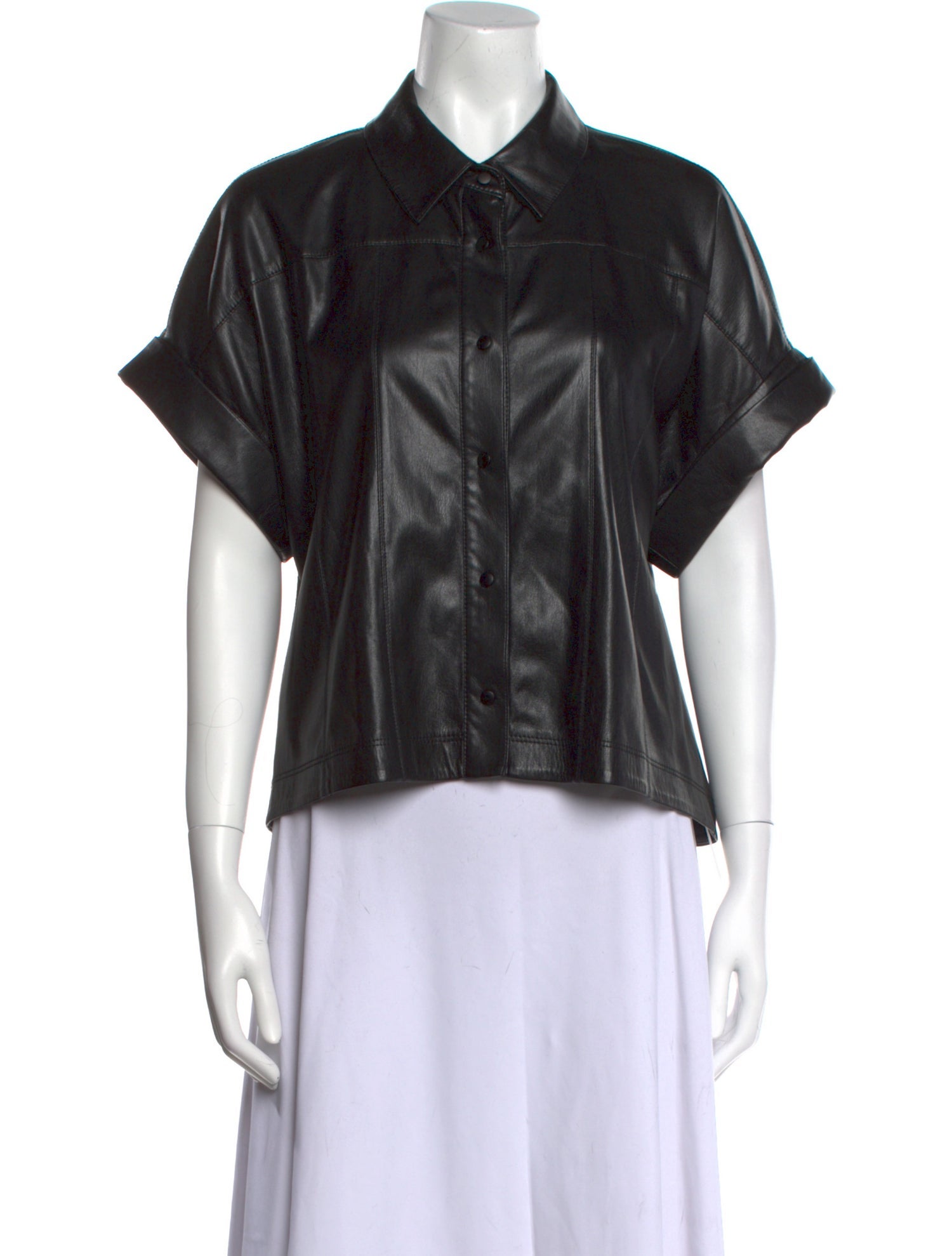 Alice + Olivia Faux Leather Short Sleeve Button-Up Top