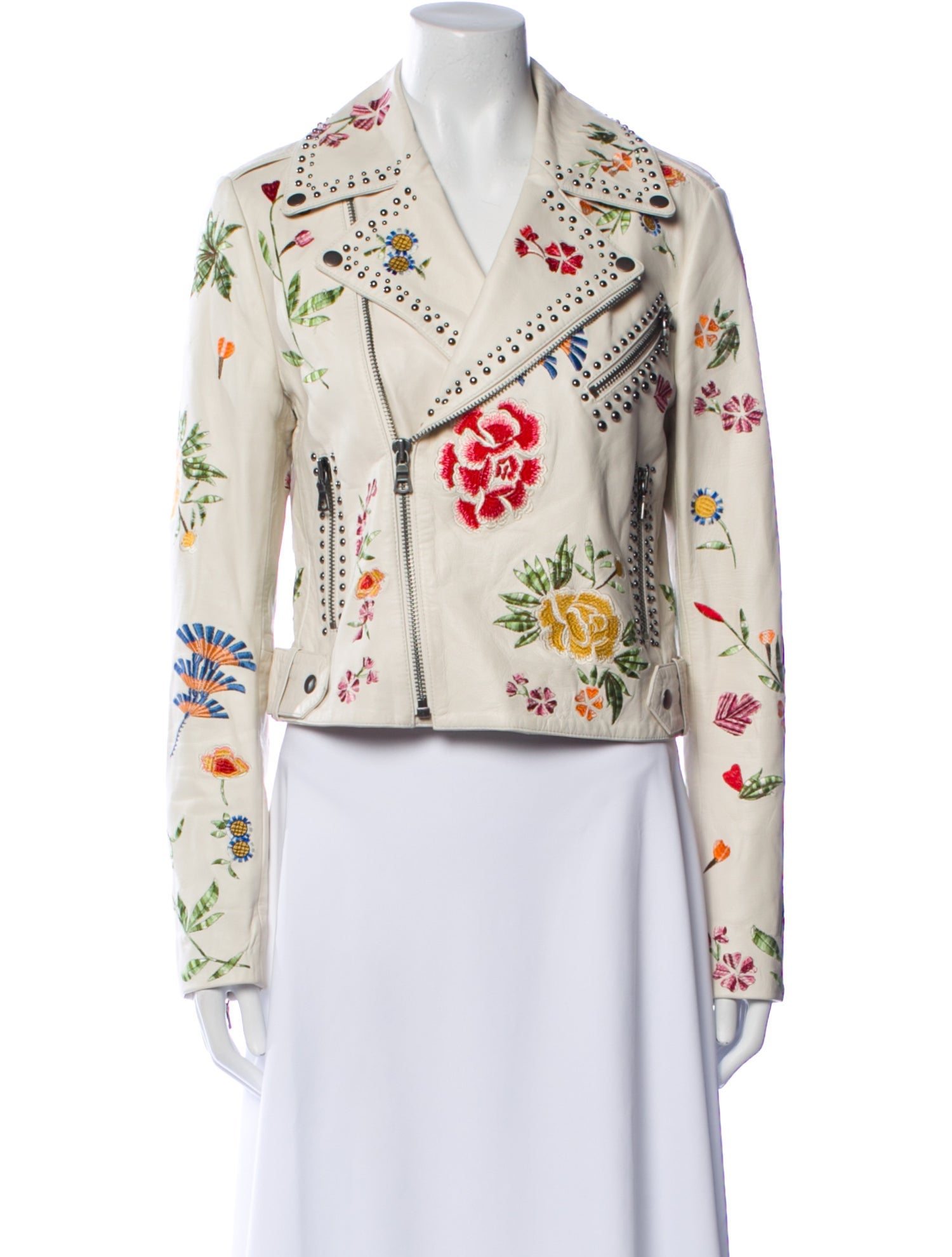 Alice + Olivia Lamb Leather Floral Print Biker Jacket