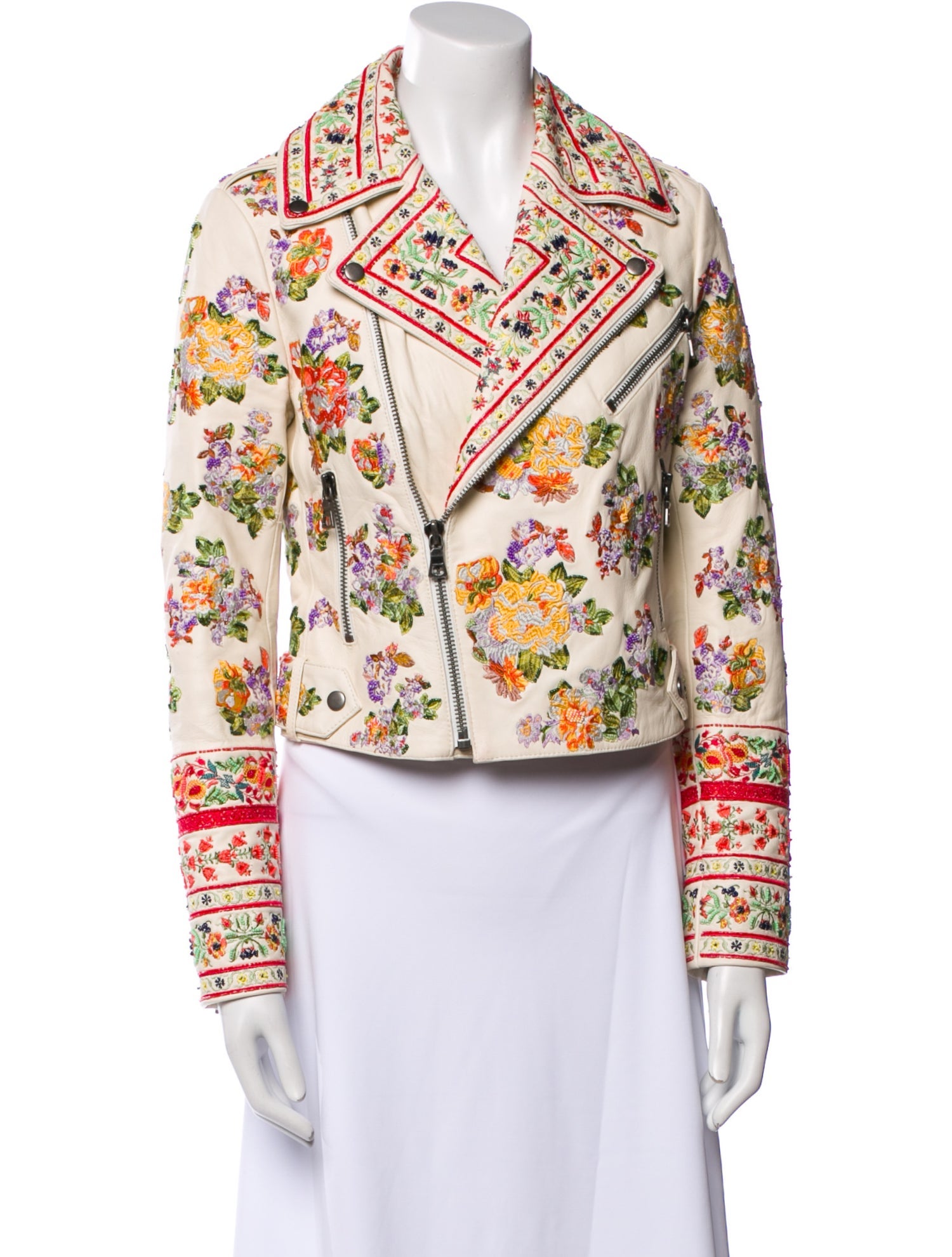 Alice + Olivia Lamb Leather Floral Print Biker Jacket