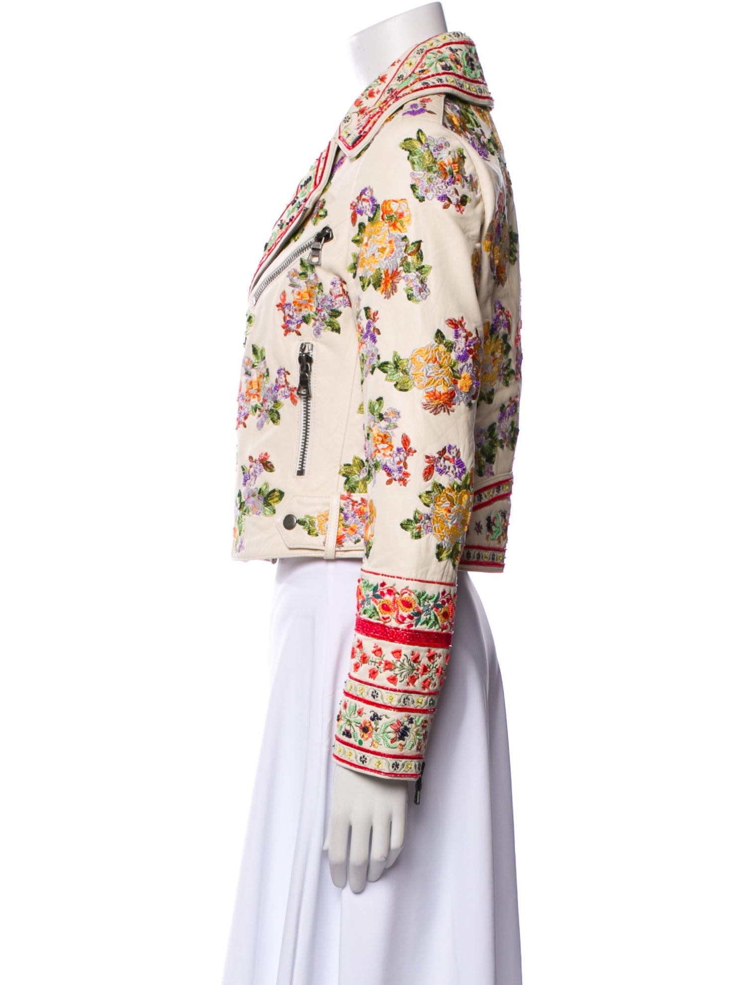 Alice + Olivia Lamb Leather Floral Print Biker Jacket