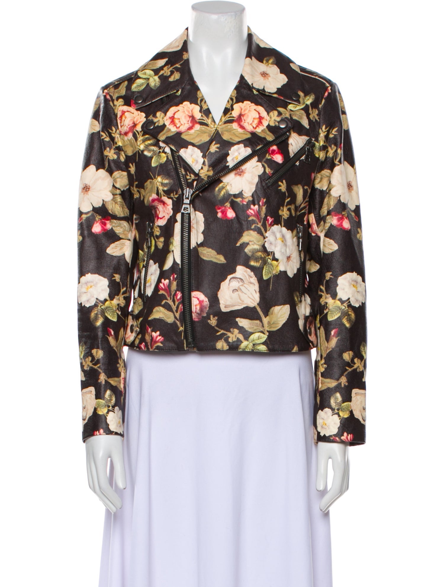 Alice + Olivia Lamb Leather Floral Print Biker Jacket