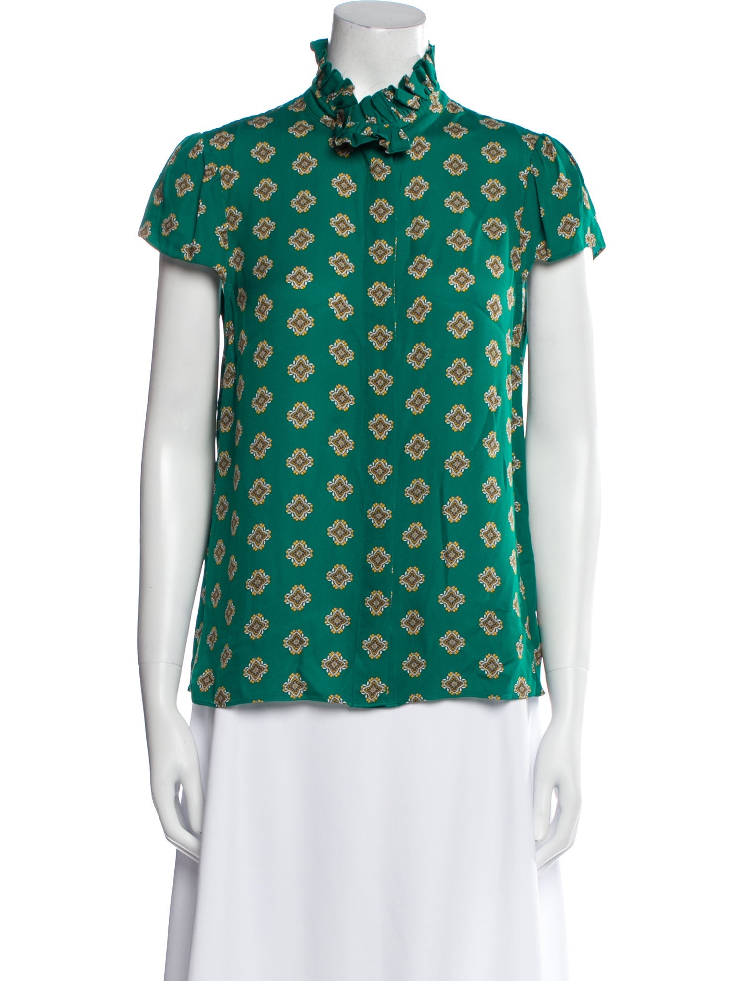 Alice + Olivia Printed Mock Neck Button-Up Top