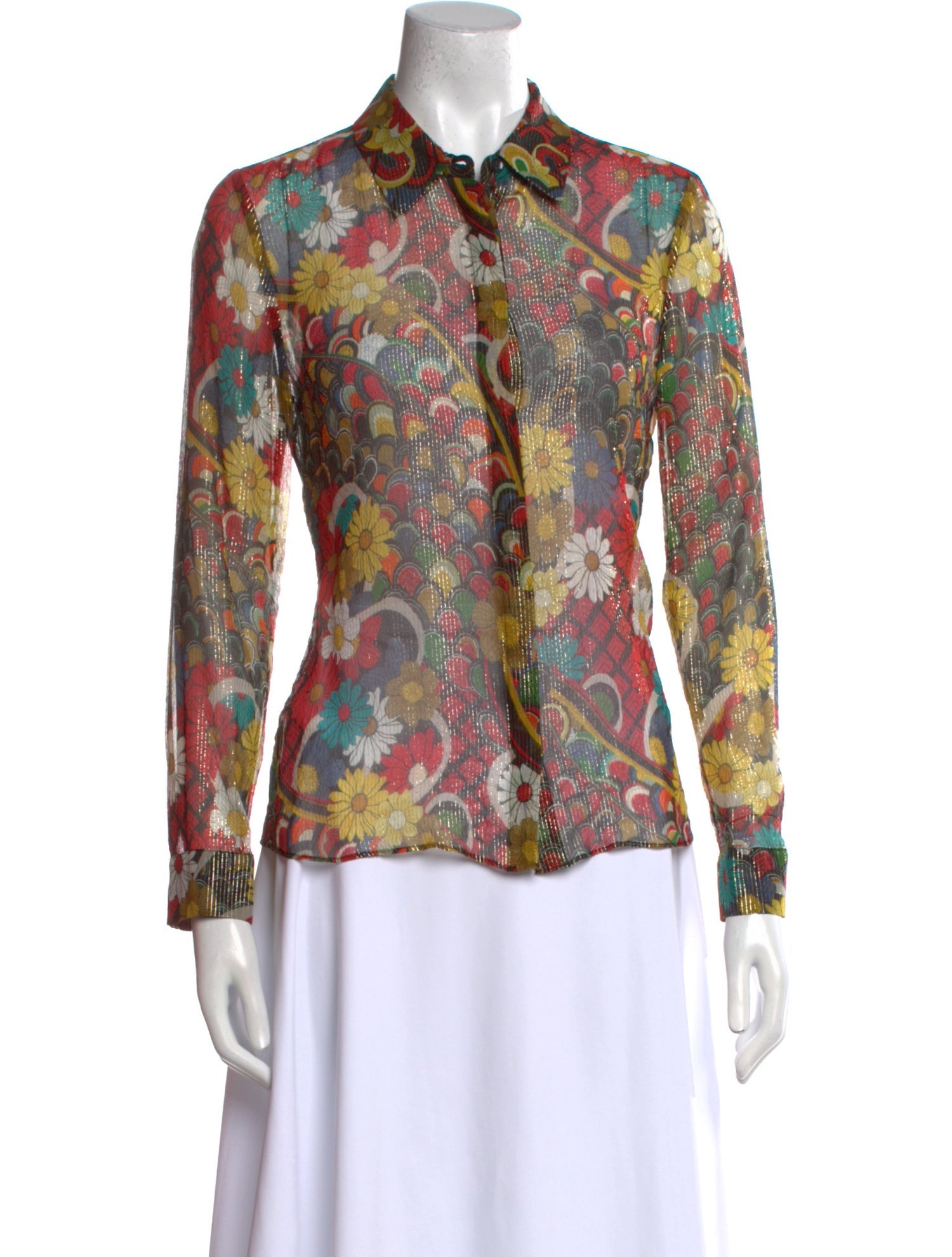 Alice + Olivia Silk Floral Print Button-Up Top
