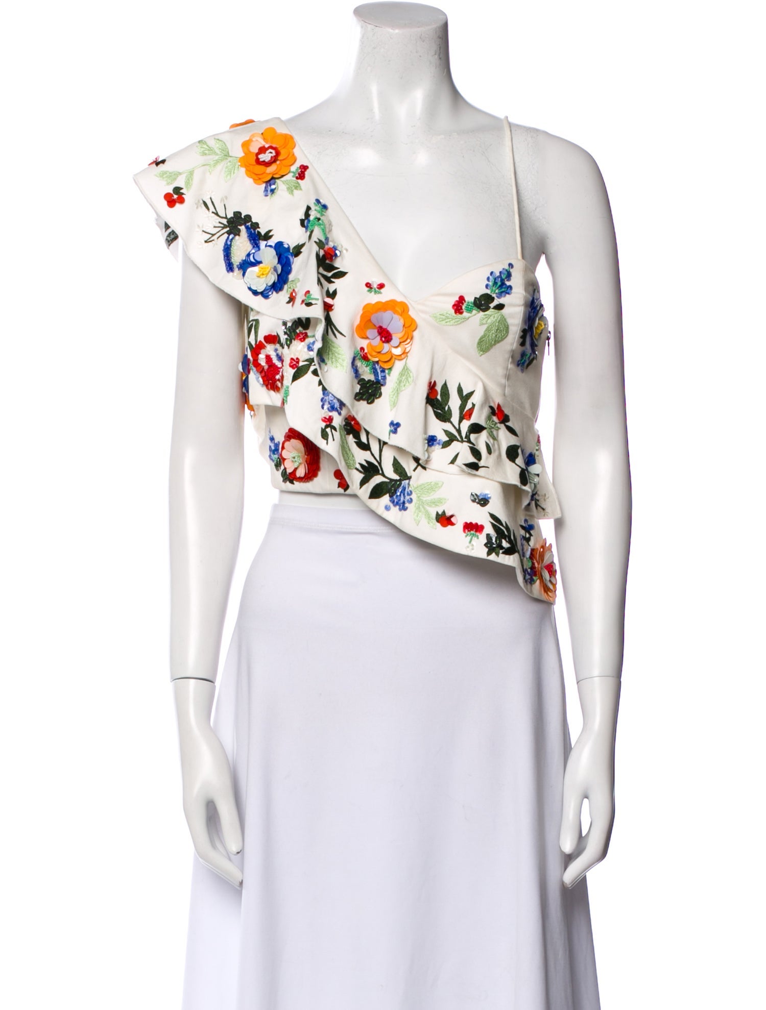 Alice + Olivia Floral Print One-Shoulder Crop Top