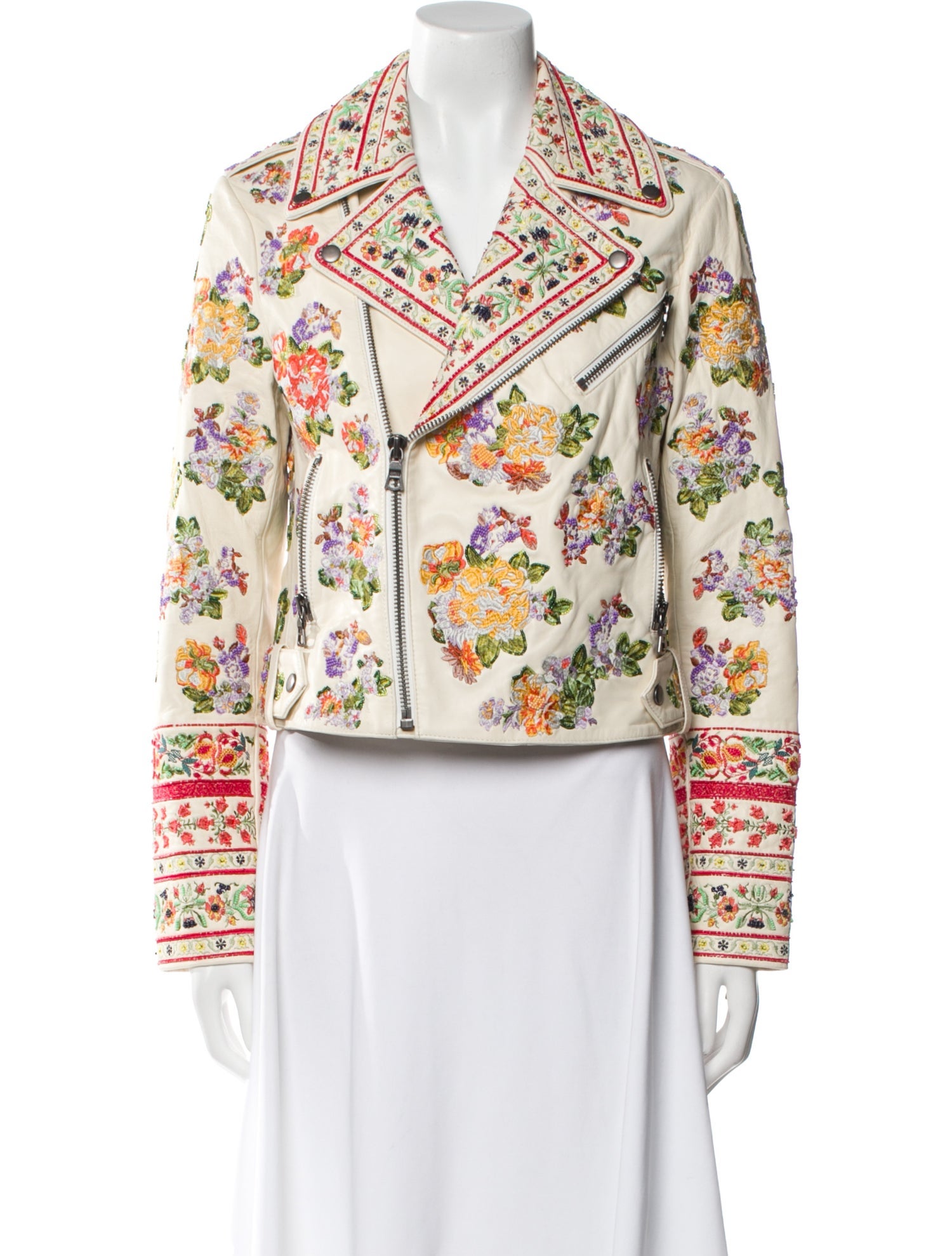 Alice + Olivia Lamb Leather Floral Print Biker Jacket