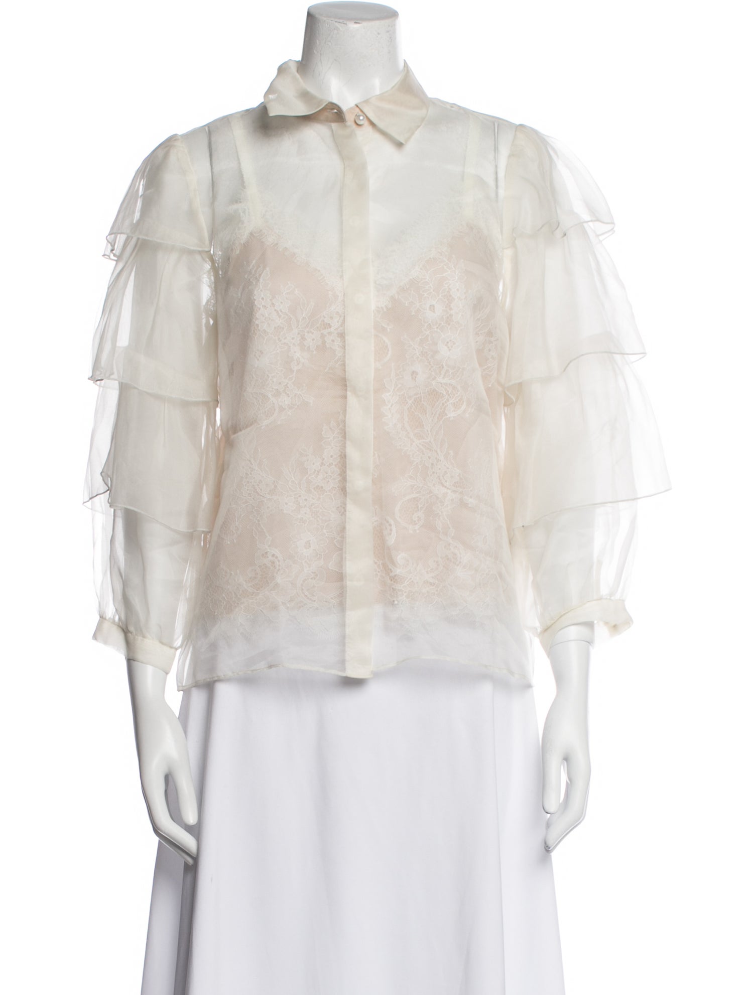 Alice + Olivia Lace Pattern Three-Quarter Sleeve Button-Up Top