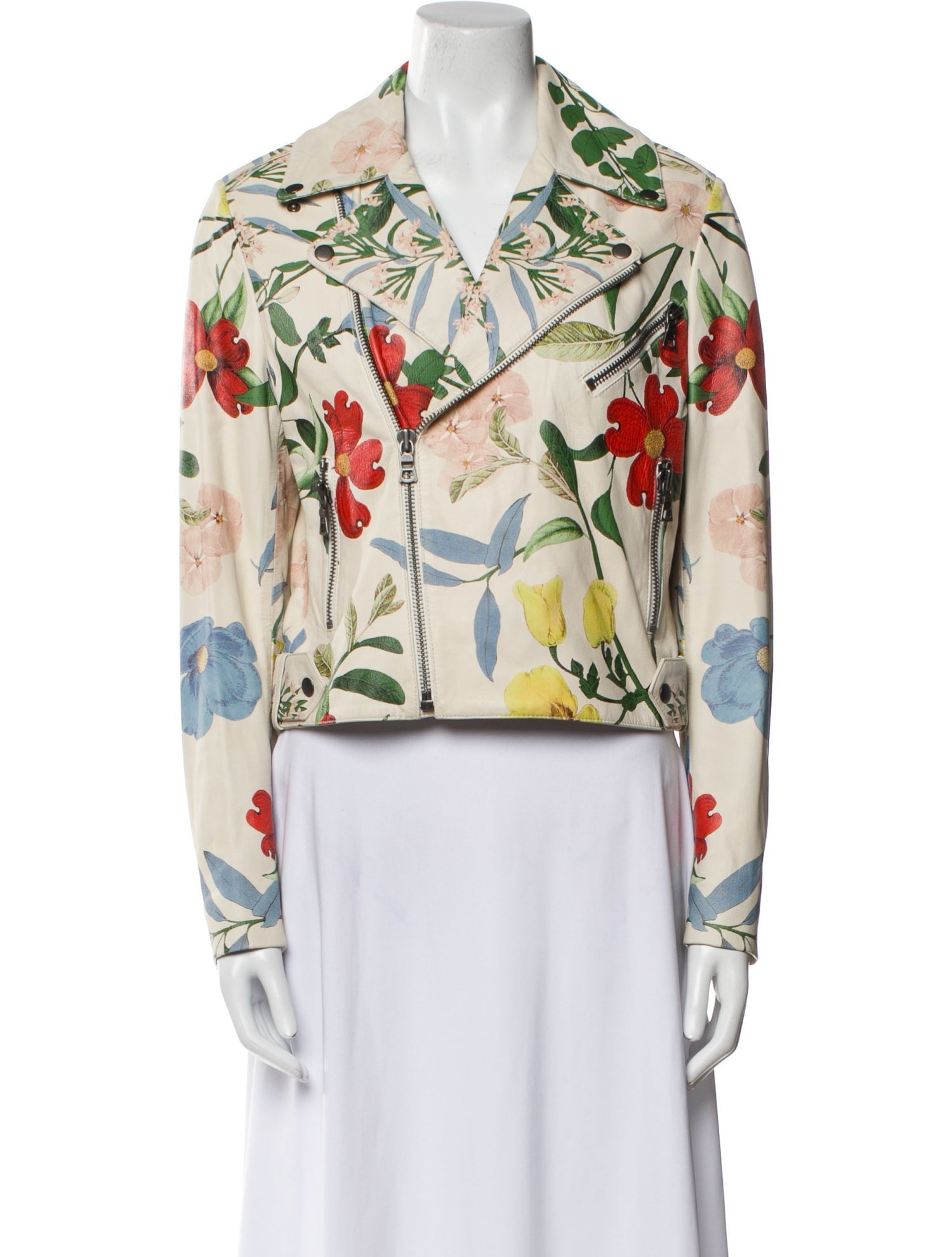 Alice + Olivia Lamb Leather Floral Print Biker Jacket