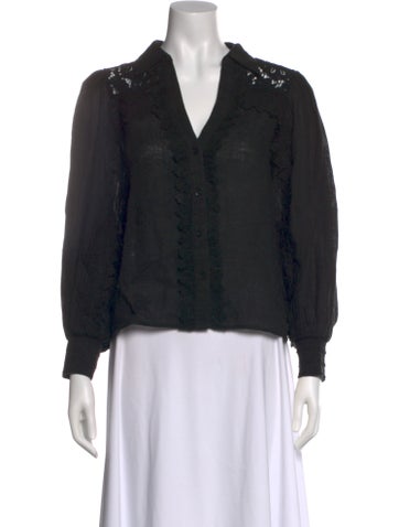 Pre-owned Alice And Olivia Linen V-neck Blouse In Black