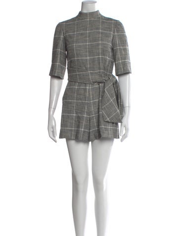 Pre-owned Alice And Olivia Plaid Print Mock Neck Romper In Gray