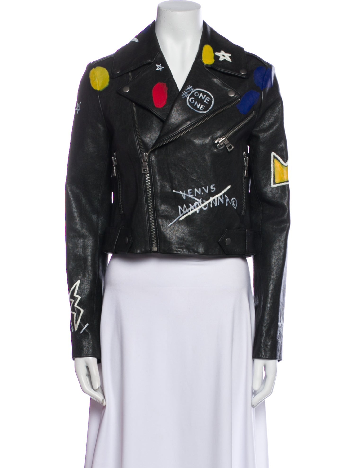 Alice + Olivia x Basquiat Lamb Leather Printed Biker Jacket
