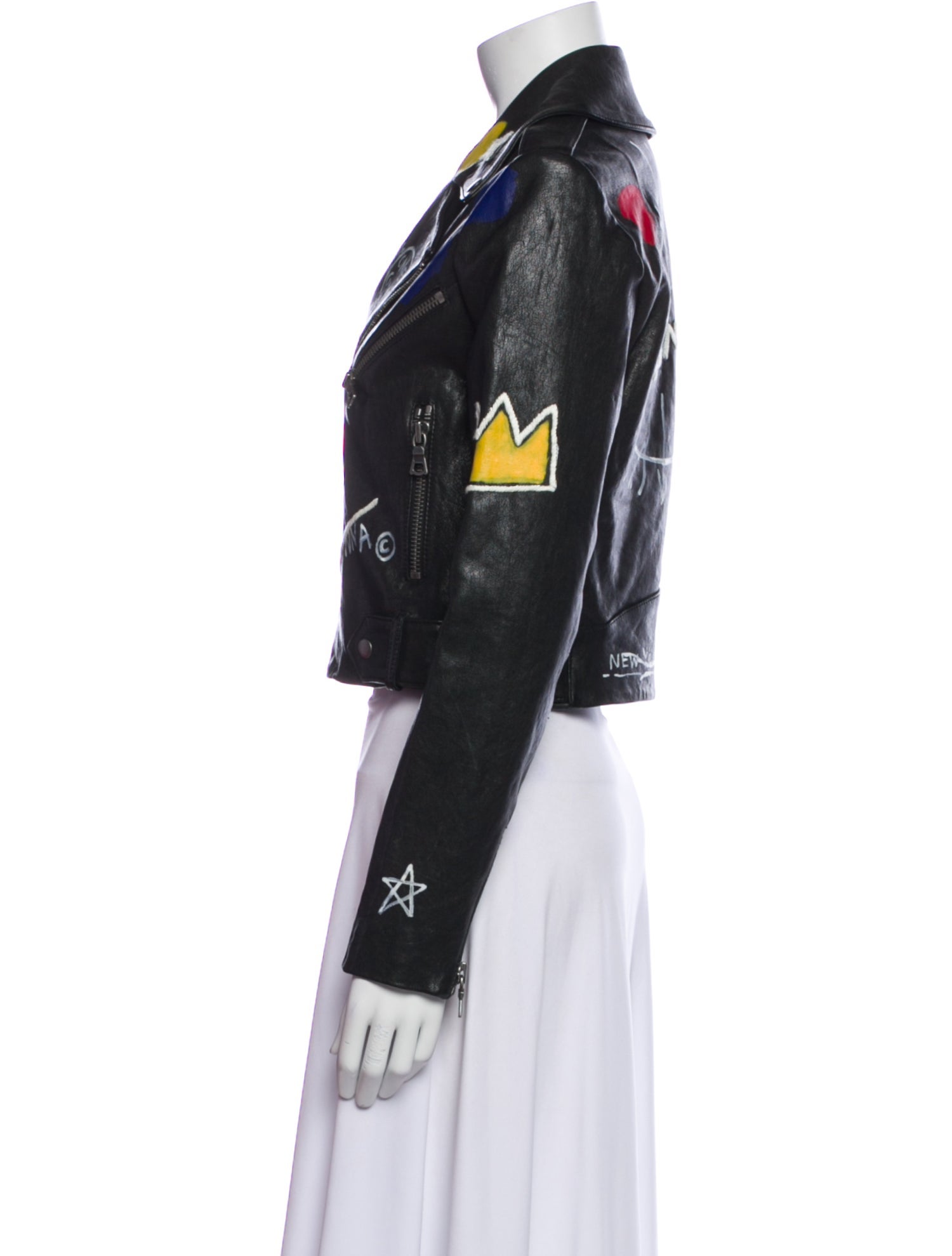 Alice + Olivia x Basquiat Lamb Leather Printed Biker Jacket