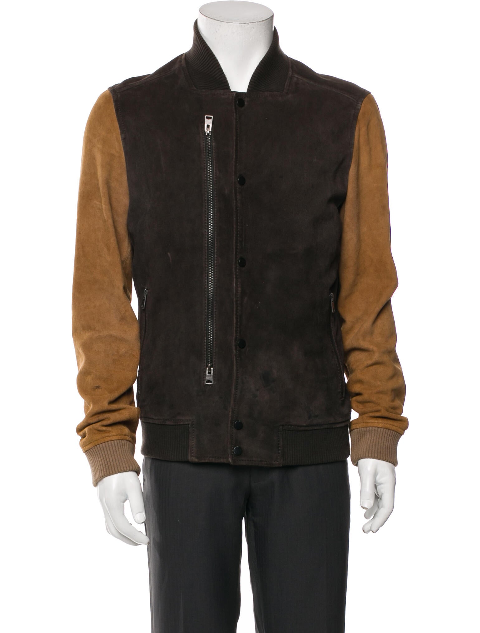 AllSaints Lamb Leather Colorblock Pattern Bomber Jacket
