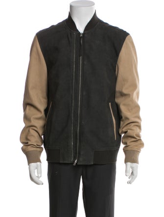 AllSaints Leather Colorblock Pattern Bomber Jacket