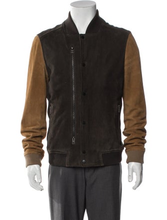 AllSaints Goat Leather Colorblock Pattern Bomber Jacket