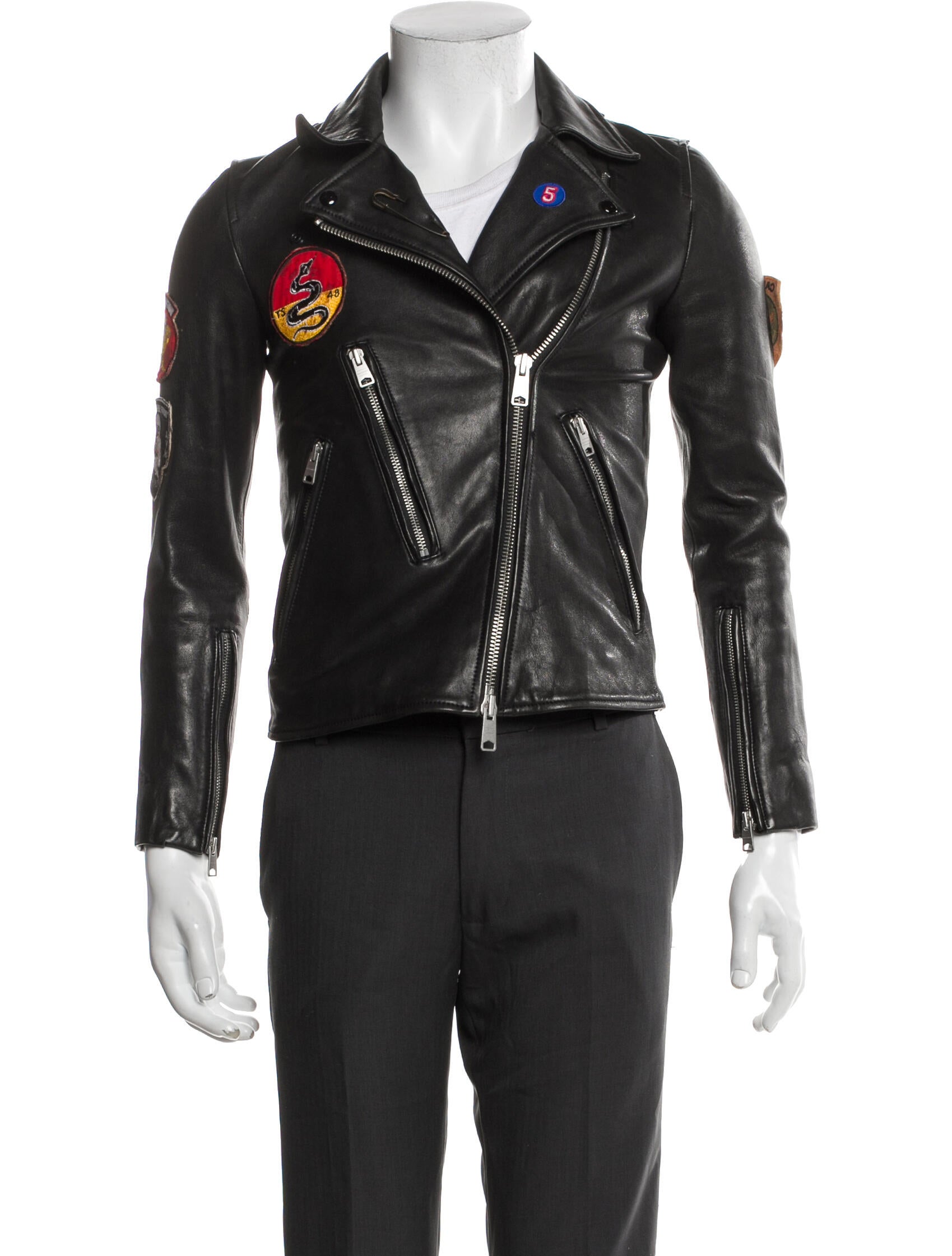 AllSaints Lamb Leather Graphic Print Moto Jacket