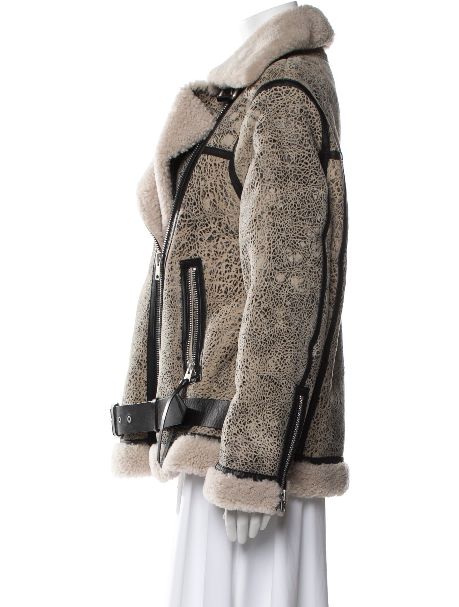 AllSaints Shearling Colorblock Pattern Fur Jacket