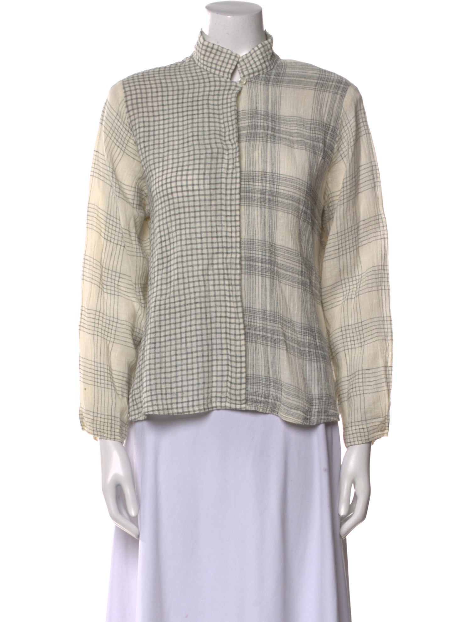 Asiatica Plaid Print Mock Neck Button-Up Top