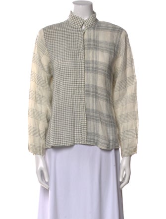 Asiatica Plaid Print Mock Neck Button-Up Top